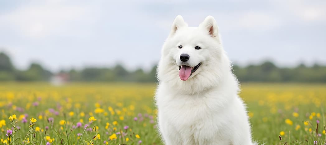 Happy white fluffy dog in a field