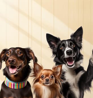 Three happy dogs looking up